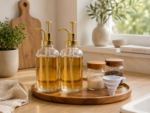 Kaffeesirup-Spender-Set mit 2 Pumpflaschen aus Glas, Gläsern, Trichter und Holztablett – Bild 2