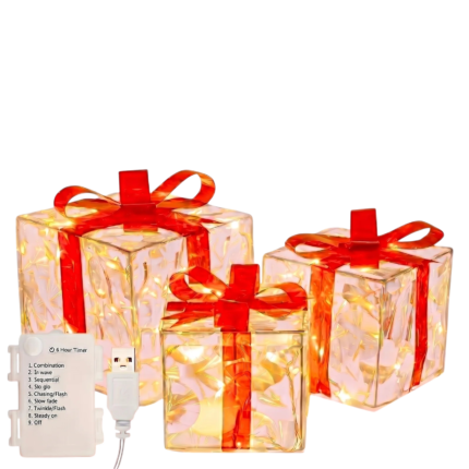 Weihnachtliche Geschenkbox-Lichterkette mit warmem Licht – 3 dekorative Geschenkboxen mit 8 Funktionen und Timer