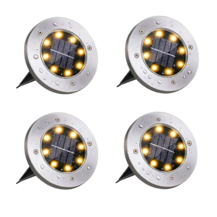 Solar Garden Lights - 4 LED Ground Spikes with Automatic Charging and White or Warm Light