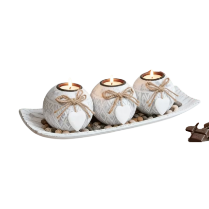 Tea Light Holders with Tray and Heart Pendant – Set of 3