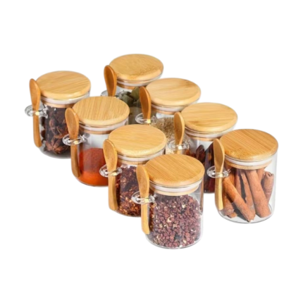 Borosilicate Glass Storage Jars with Lid and Wooden Spoon – 10 Pcs of 280 Ml