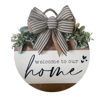 Wooden Door Decoration – Welcome to Our Home with Bow