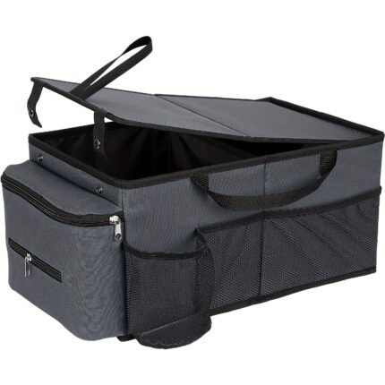 Car Seat Organiser with Lid, Cup Holder and 7 Mesh Pockets