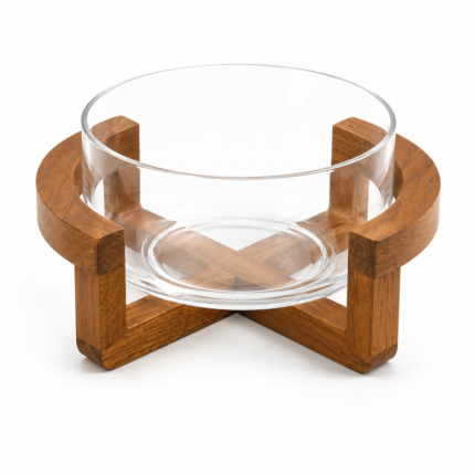 Glass Serving Bowl with Wooden Base for Salad and Fruit