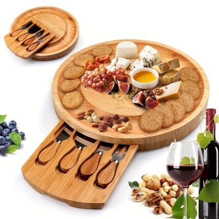 Bamboo Cheese Board with Drawer and 4 Cheese Knives
