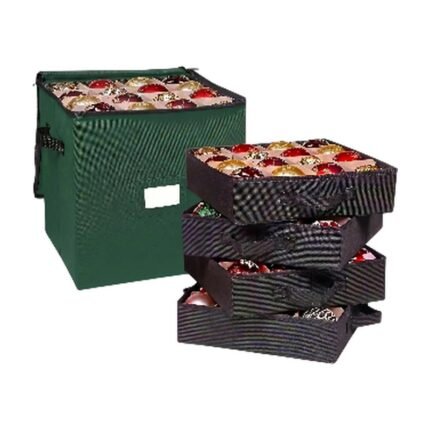 Aufbewahrungsbox für Weihnachtsdeko in Grün und Rot mit herausnehmbaren Einsätzen und Platz für 64 Christbaumkugeln