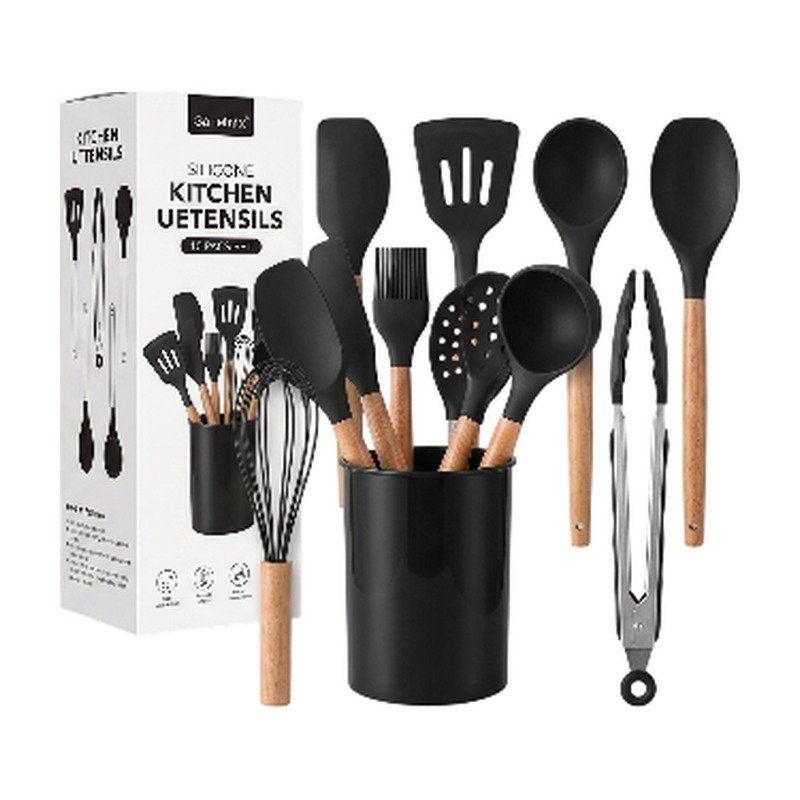 Silikon-Küchenutensilien-Set in Schwarz, Grün und Rot mit Halter zum Kochen und Backen