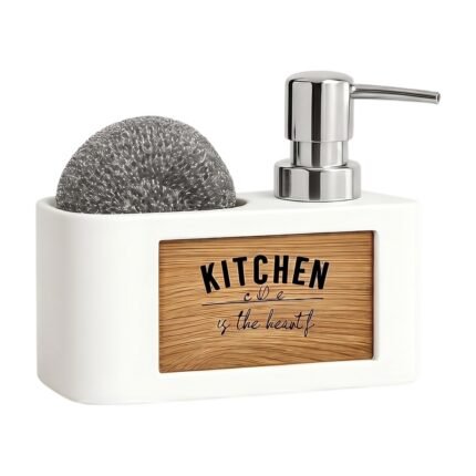 Sponge Holder with Soap Dispenser in White and Black for Organised Storage and Tidy Washing at the Kitchen Sink