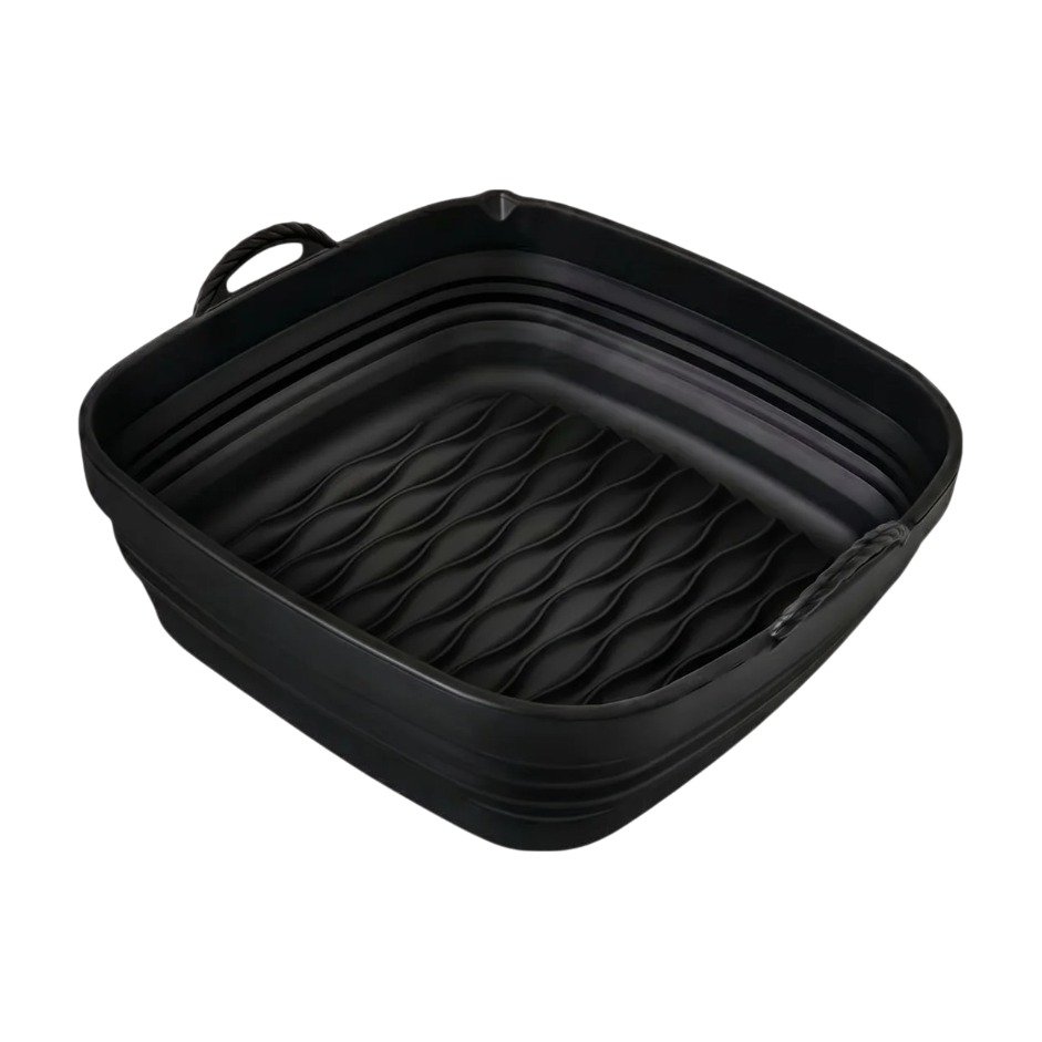 Faltbare Airfryer-Silikonform quadratisch mit Griffen und geripptem Boden für weniger Schmutz im Korb Faltbare Airfryer-Silikonform quadratisch mit Griffen und geripptem Boden für weniger Schmutz im Korb