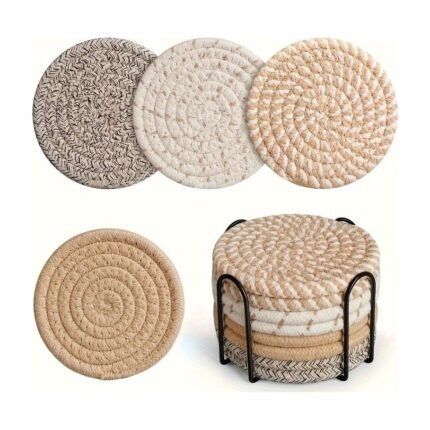 Woven Coasters in Cotton with Metal Holder – 8 Pcs.