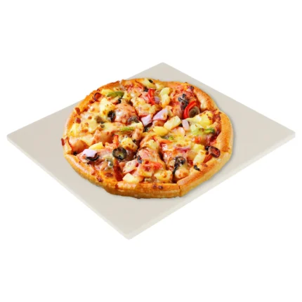 Square beige pizza stone with a baked pizza on top