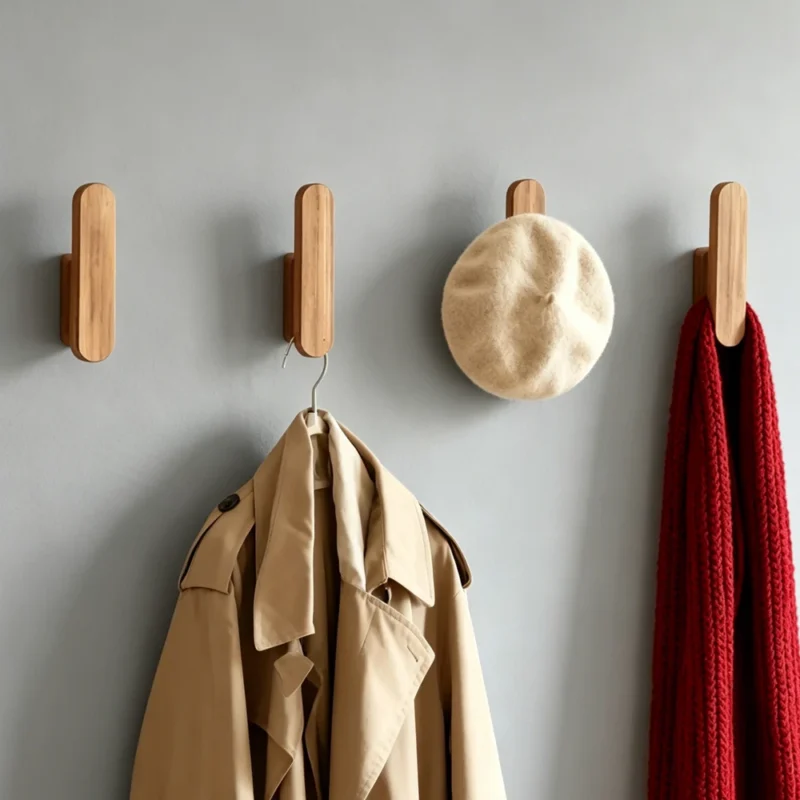 Wandhaken aus Holz mit Mantel, Hut und Schal