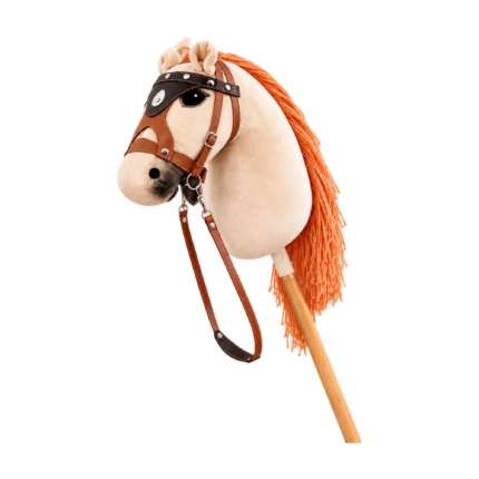 Beige stick horse with orange mane and tan bridle with brown blinker