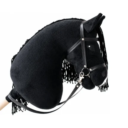 Black stick horse with white blaze, curly black mane and black bridle