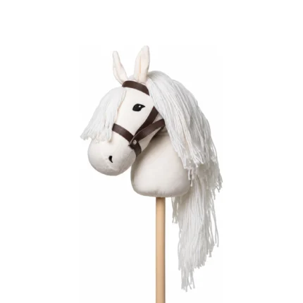 By Frida white stick horse with long white mane and brown halter on a wooden stick