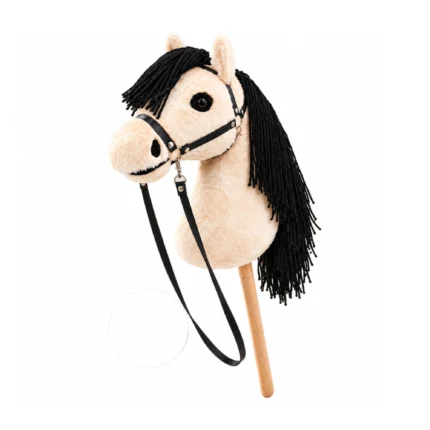 Cream stick horse with black mane and forelock and black halter with reins