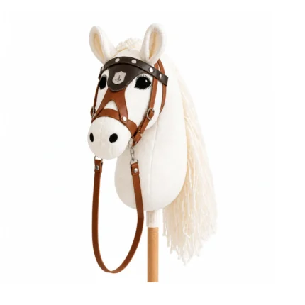 Cream stick horse with tan bridle, brown blinker mask and long cream mane