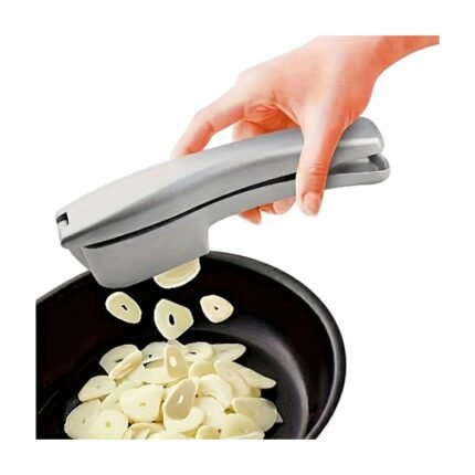 Garlic Press and Chopper for Slicing and Crushing in Silver Design for Kitchen Use and Cooking