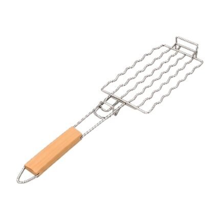 Grill Basket in Stainless Steel for Even Cooking and Combined Food on the Grill with Wooden Handle
