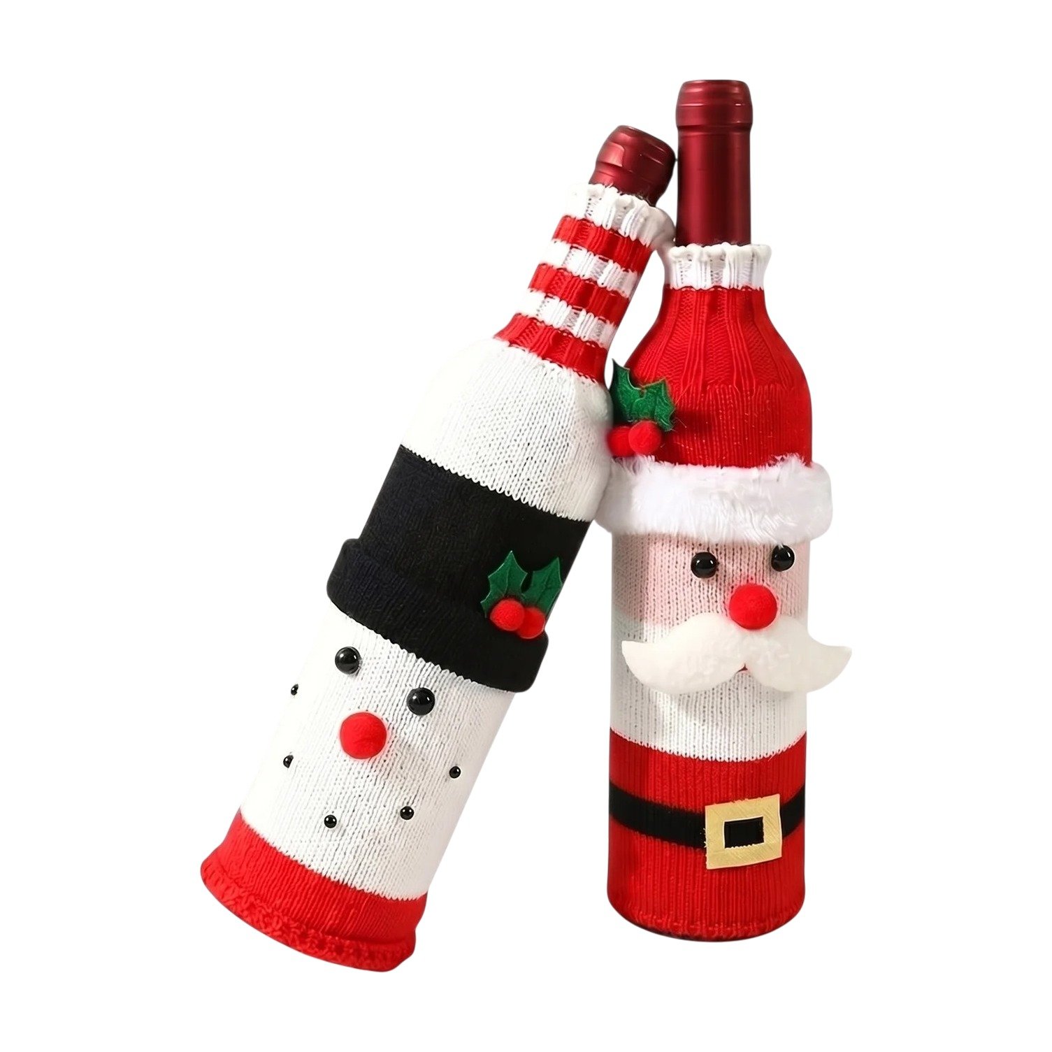 ef-32837-43081-fyld85 Weihnachtliche Weinflaschenhüllen 2er-Set mit Weihnachtsmann und Schneemann im Strickdesign – Bild 1