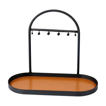 Freestanding Metal Key Holder with Arch Frame, Hooks and Oval Tray in Black and Tan for Hallway or Table