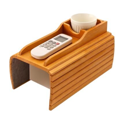 Bamboo Sofa Table Tray with Space-Saving Design and Holder for Cup and Remote Control in the Living Room