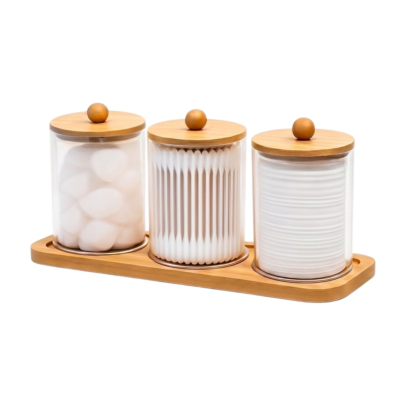 ef-35161-44056-fyld85 Wattestäbchen-Halter-Set – 3 Acryldosen mit Bambusdeckeln auf einem Bambustablett für die Aufbewahrung im Badezimmer – Bild 1