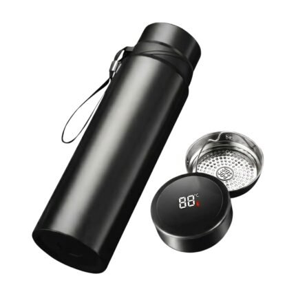 Thermal Bottle with Thermometer Black with Digital Temperature Display, Strainer and Carry Strap for Coffee and Tea
