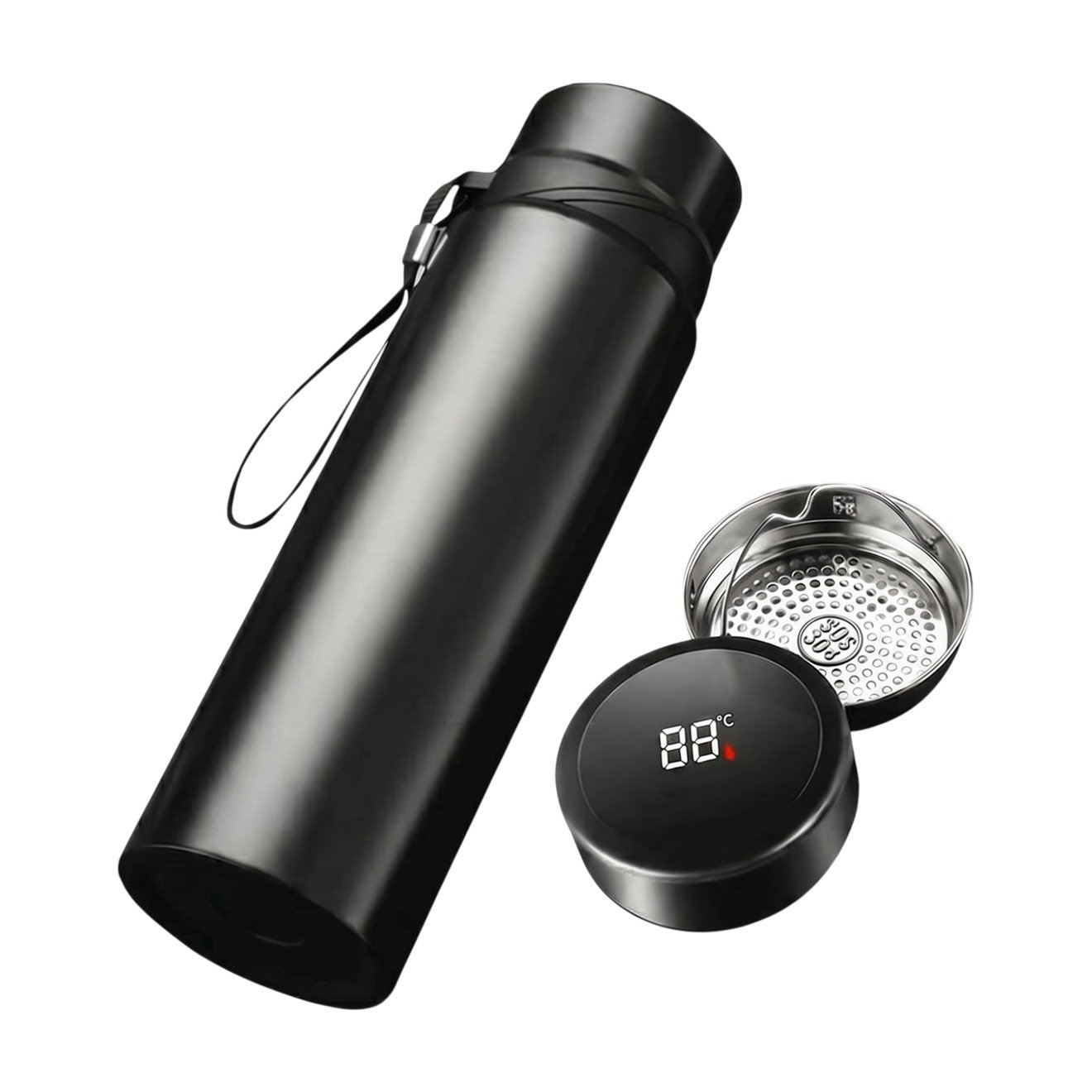 ef-35462-45041-fyld85 Thermosflasche mit Thermometer in Schwarz mit digitaler Temperaturanzeige, Sieb und Tragegurt für Kaffee und Tee – Bild 1