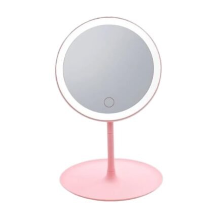 LED Ring Light Makeup Mirror – Round Table Mirror with Touch Control and Tray Base in Pink