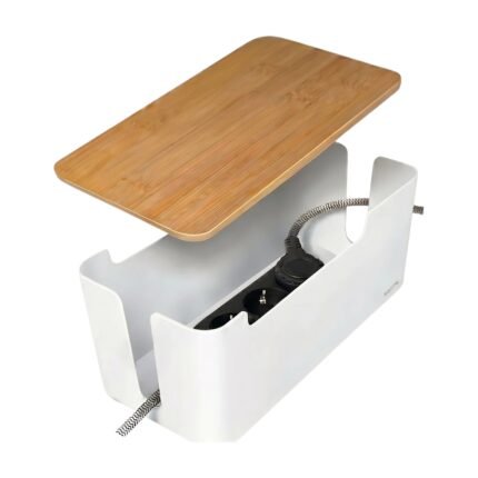 Cable Management Box in Black, Bamboo and White for Organising Cables and a Tidier Look