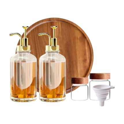 Kaffeesirup-Spender-Set mit 2 Pumpflaschen aus Glas, Gläsern, Trichter und Holztablett