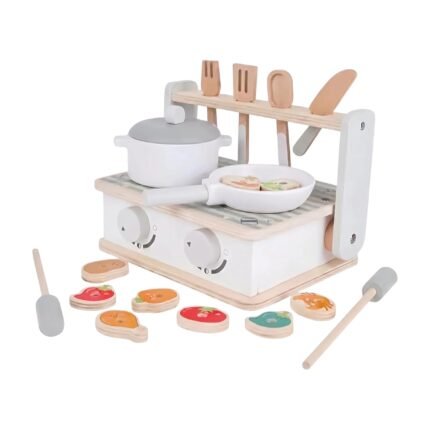 Wooden BBQ Toy with Grill Station, Pot and Pan for Role Play and Imaginative Cooking for Children