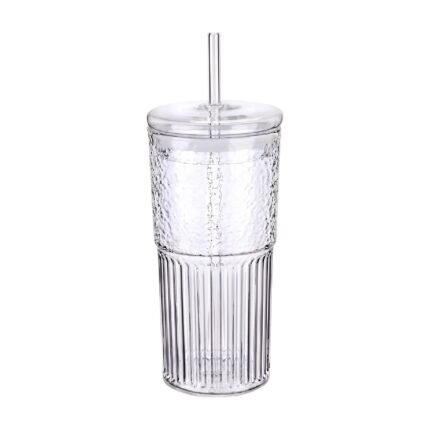 Glass Cup with Lid, Glass Straw and Ribbed Design 600 Ml