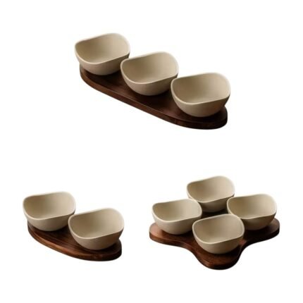 Serving Set with Ceramic Bowls and Tray in Acacia Wood