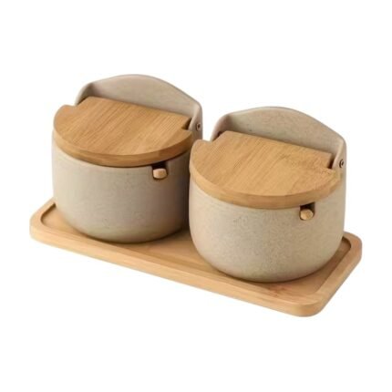 Spice Set in Ceramic with Bamboo Lid, Spoons and Tray