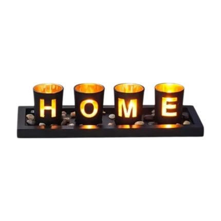 Candle Holder Set with HOME Letters and Wooden Tray – 4 Pieces