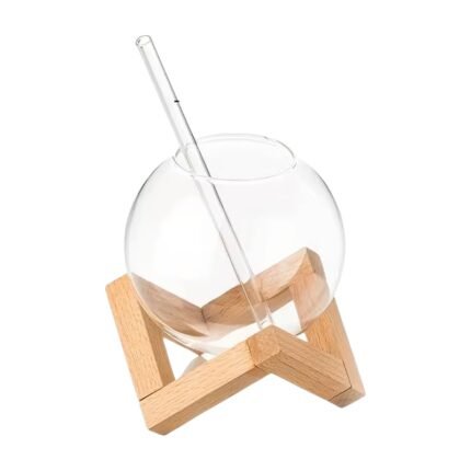 Ball-Shaped Drinking Glasses with Straws and Wooden Stands – 4 Pcs