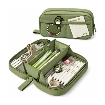 Large green pencil case shown open and closed