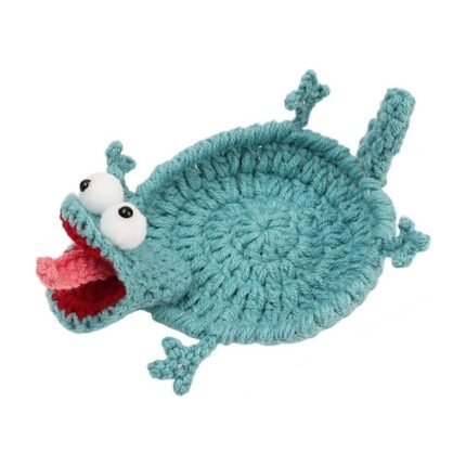 Crochet coaster shaped like a lizard in blue