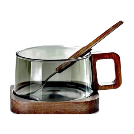 Glass Coffee Cup with Wooden Handle, Tray and Spoon – 200 ml – Grey