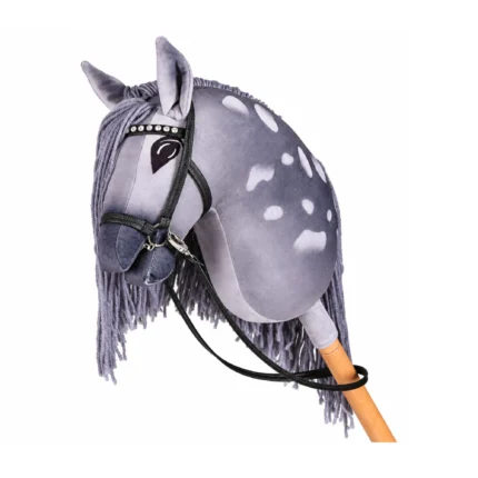 Grey appaloosa stick horse with white spots, grey mane and rhinestone bridle