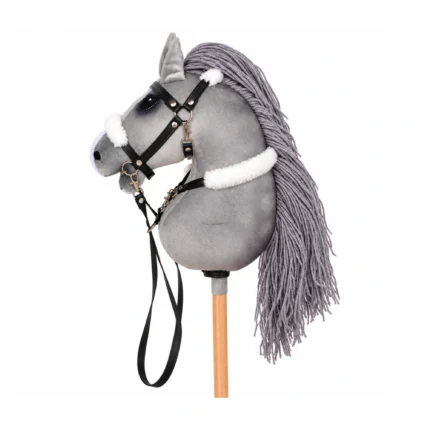 Grey stick horse with grey mane, white muzzle and black halter with white fleece