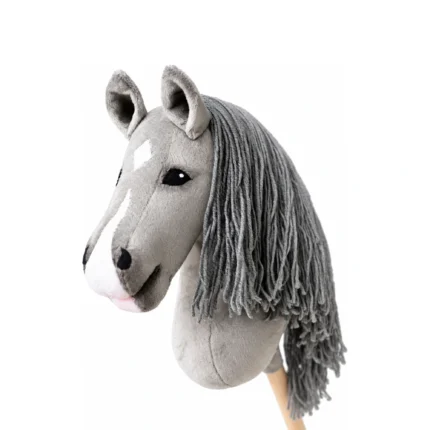 Grey stick horse with white star, white blaze and long grey yarn mane