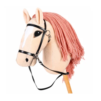 Light palomino stick horse with white blaze, coral mane and black bridle