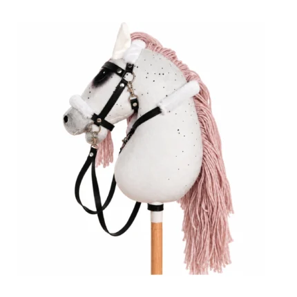 White speckled stick horse with dusty pink mane and black bridle with white fleece